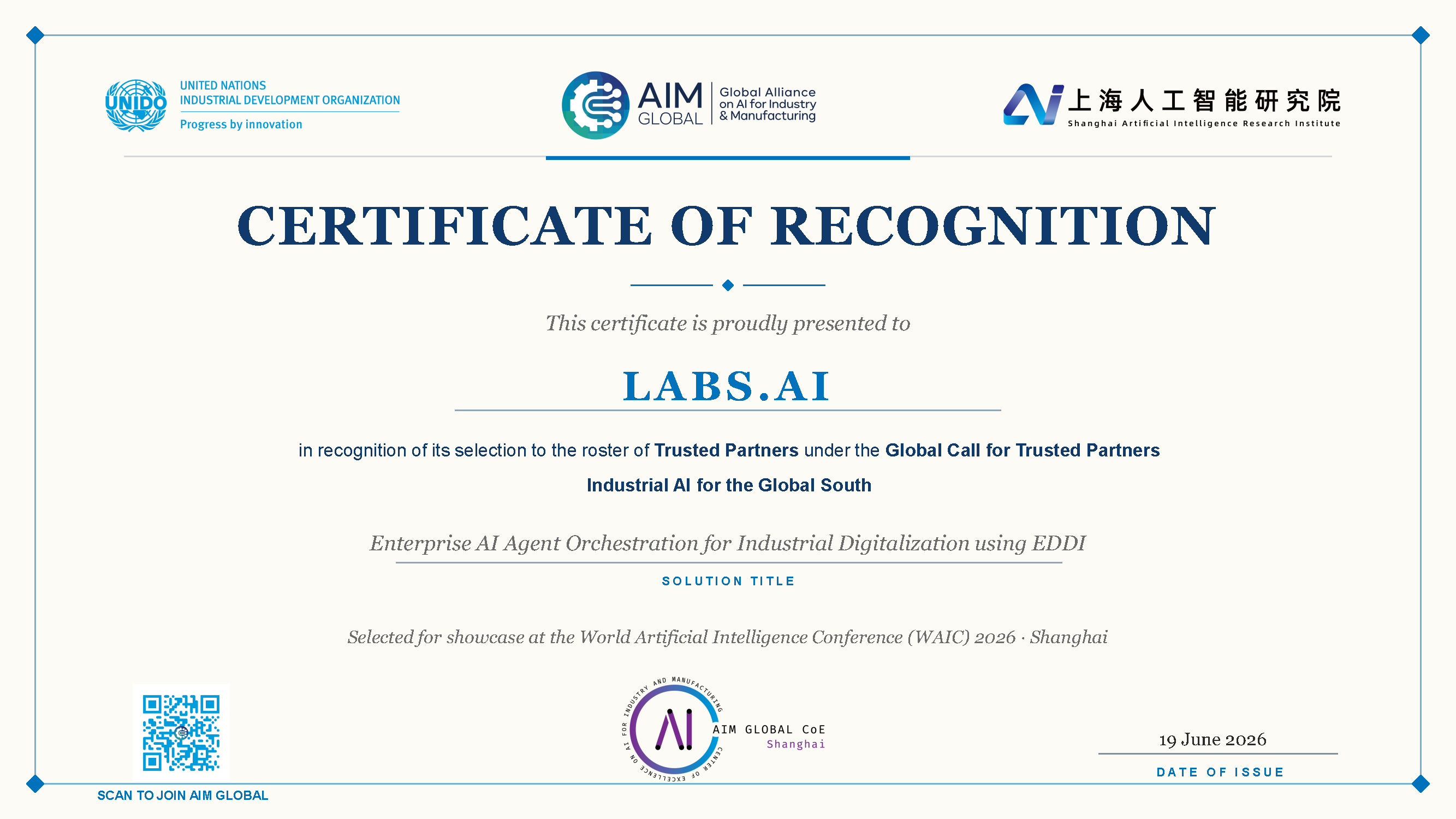 UNIDO Certificate of Recognition — LABS.AI selected as Trusted Partner for Industrial AI for the Global South